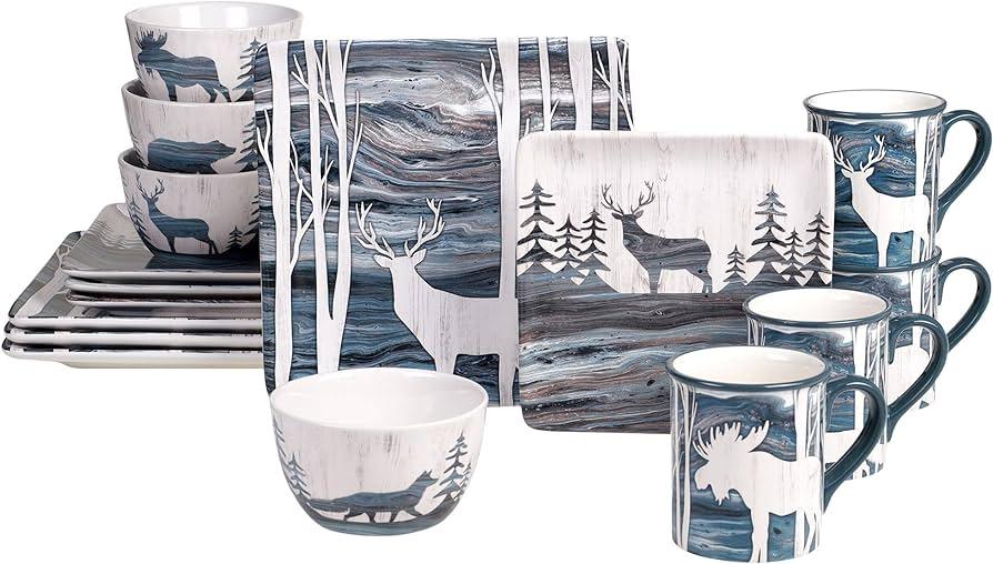 Premium Lone Oak Lodge Dinnerware Set - Elegant Stoneware Plates, Bowls & Mugs for Rustic Dining - Perfect for Farmhouse Kitchens, Cabin Retreats & Holiday Gatherings