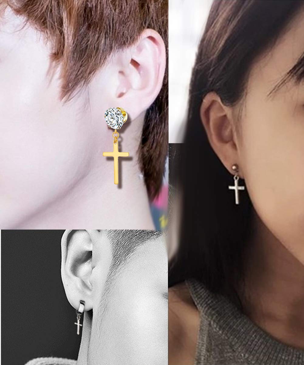 4 Pairs Stainless Steel Dangle Hinged Hoop Earrings - Huggie Earrings with CZ Studs for Men & Women (Silver, Gold, Black) | Perfect for Everyday Wear, Parties & Gifts