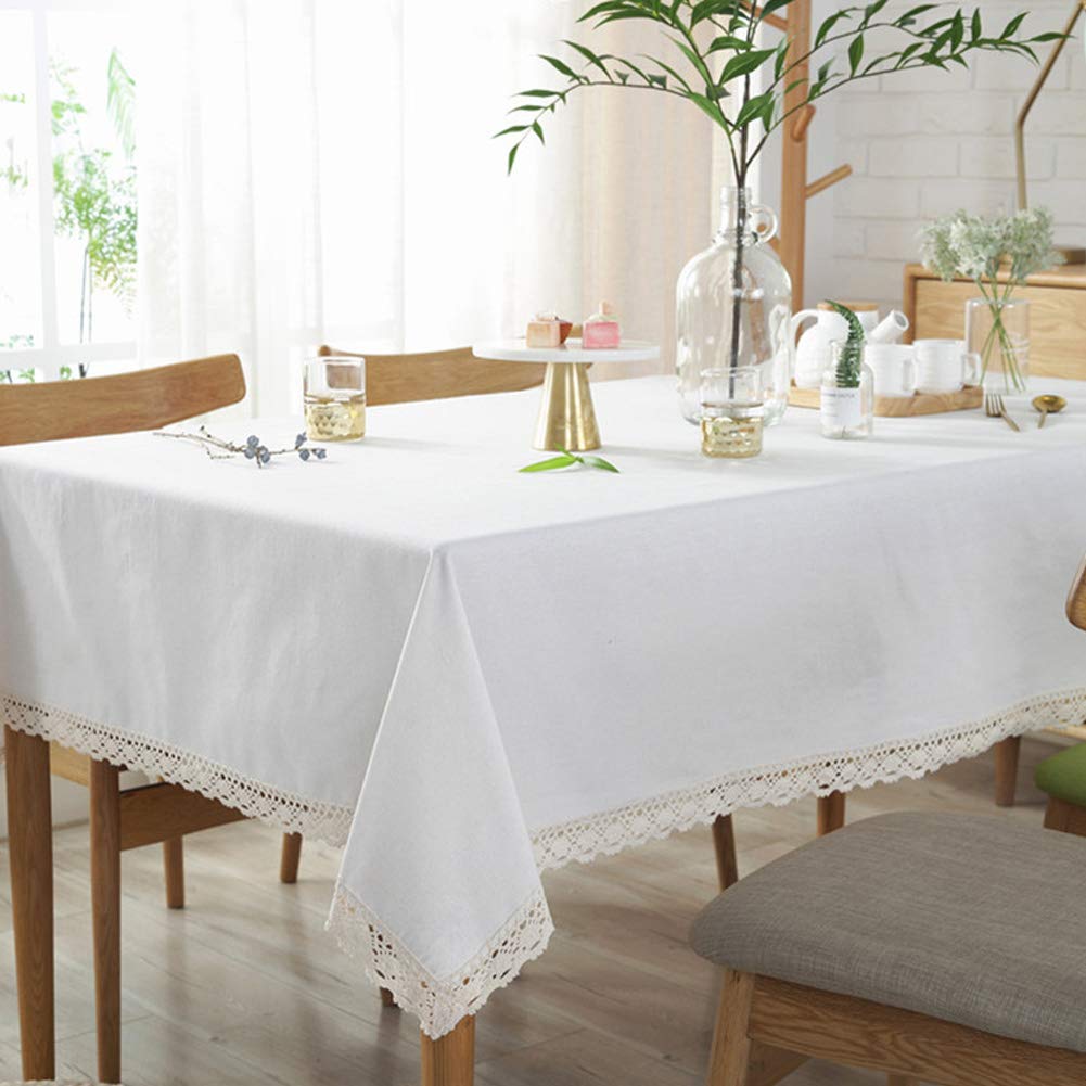 AMZALI Classic Cotton Linen Lace Tablecloth - Dust-Proof Rectangle Table Cover (55x98 Inch, Cream White) for Kitchen, Dining Room, Picnic & Home Decor | Perfect for Dinner Parties, Outdoor Events & Holiday Gatherings