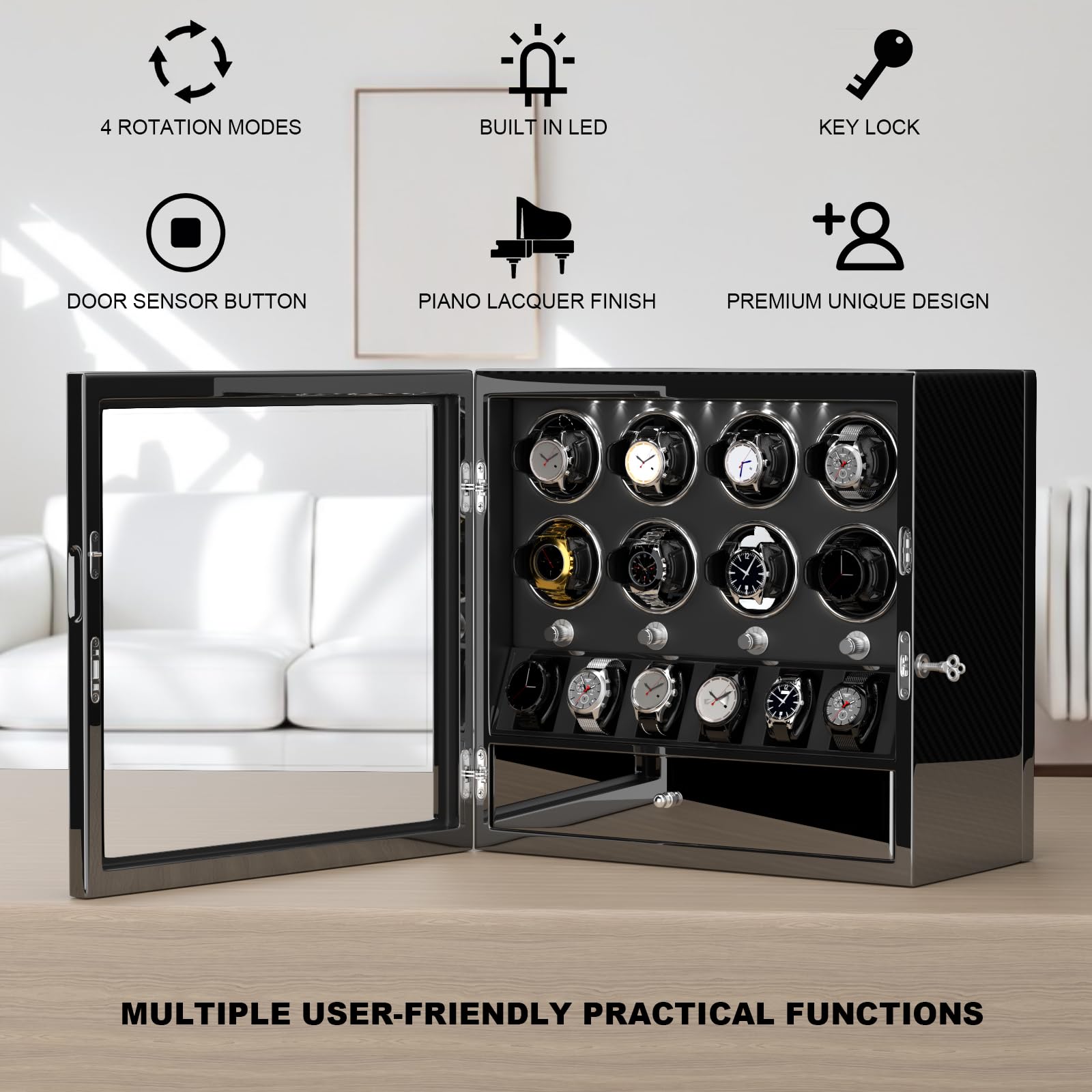 Premium DUKWIN Watch Winder for 2/4/6/8 Automatic Watches - Lockable Luxury Watch Box with Jewelry Storage | Super Quiet Mabuchi Motor, High-Gloss Piano Finish & LED Lighting | Perfect for Watch Collectors, Travel & Home Display