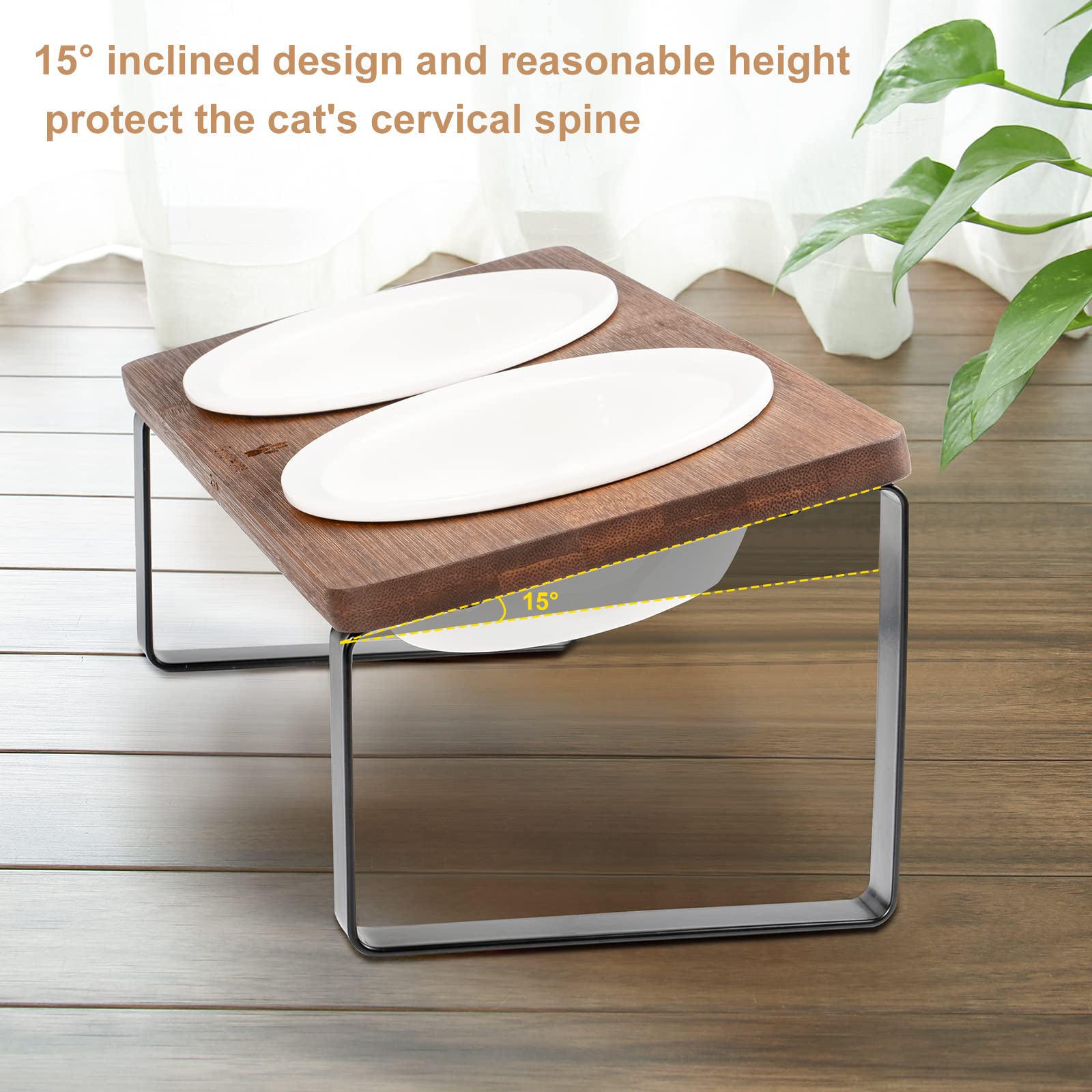 Sunhoo Elevated Cat Bowls with Bamboo Stand - 5.5 Inch Wide Double Dish for Food and Water - Anti-Vomiting & Orthopedic Design - Perfect for Indoor Pets (Brown) - Ideal for Small Dogs and Cats with Digestion Issues