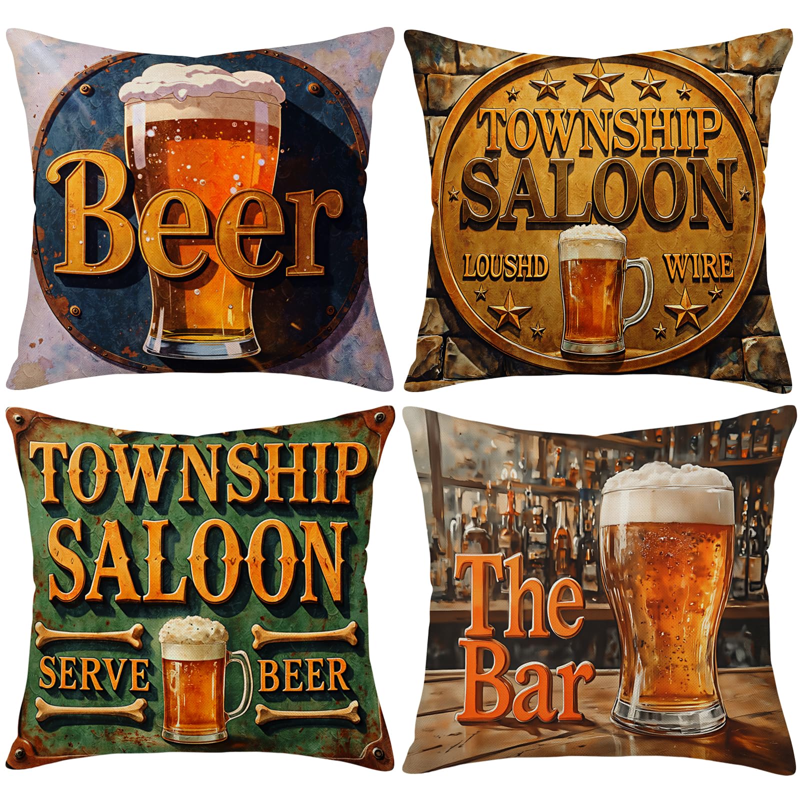 Vintage Beer Quote Throw Pillow Covers Set of 4 - 18x18 Inch Cotton Linen Decorative Cushion Cases for Sofa, Bed & Living Room - Rustic Home Decor with Classic Lettering & Beer Icons