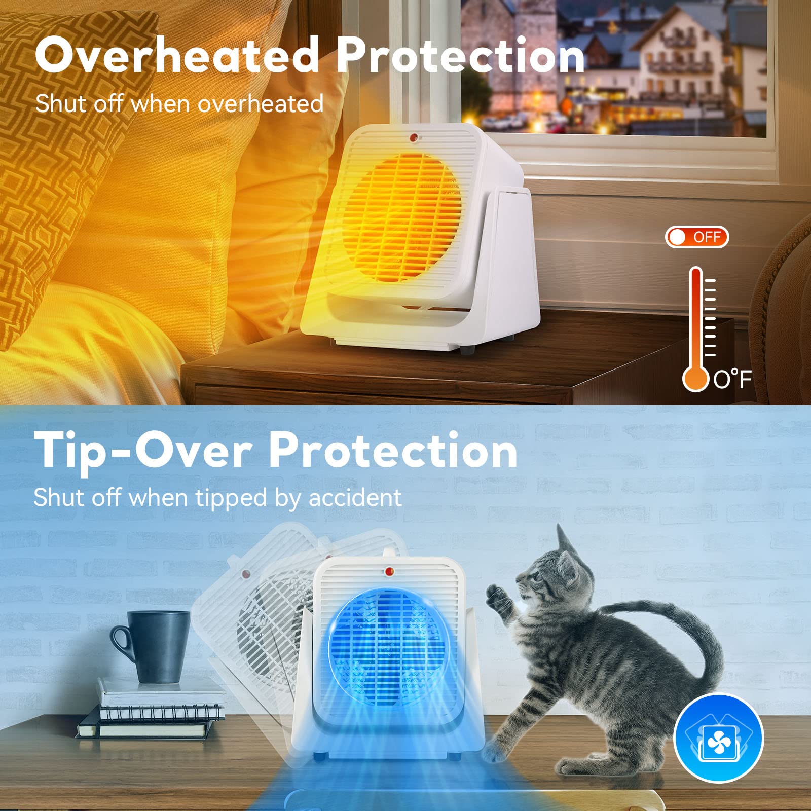 2 in 1 Desk Heater and Fan Combo - Fast Heating & Cooling, 45° Adjustable Angle, Overheat & Tip-Over Protection - Portable Space Heater & Cooler for Office, Bedroom, Home Use - Perfect for Winter Warmth & Summer Breeze