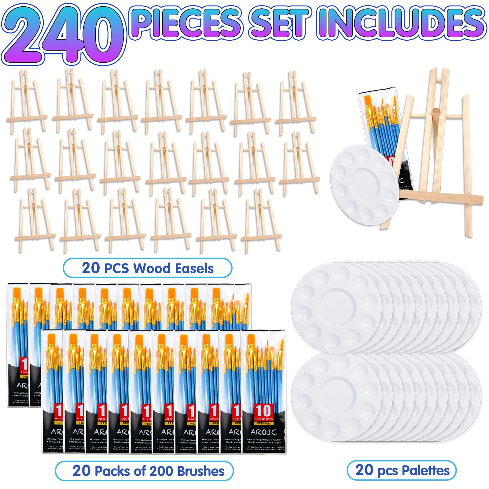 240-Piece Professional Painting Kit with 20 Wooden Easels, 200 Nylon Brushes & 20 Palettes - Complete Art Supplies for Kids & Adults - Perfect for Painting Parties, Art Classes & DIY Home Decor Projects