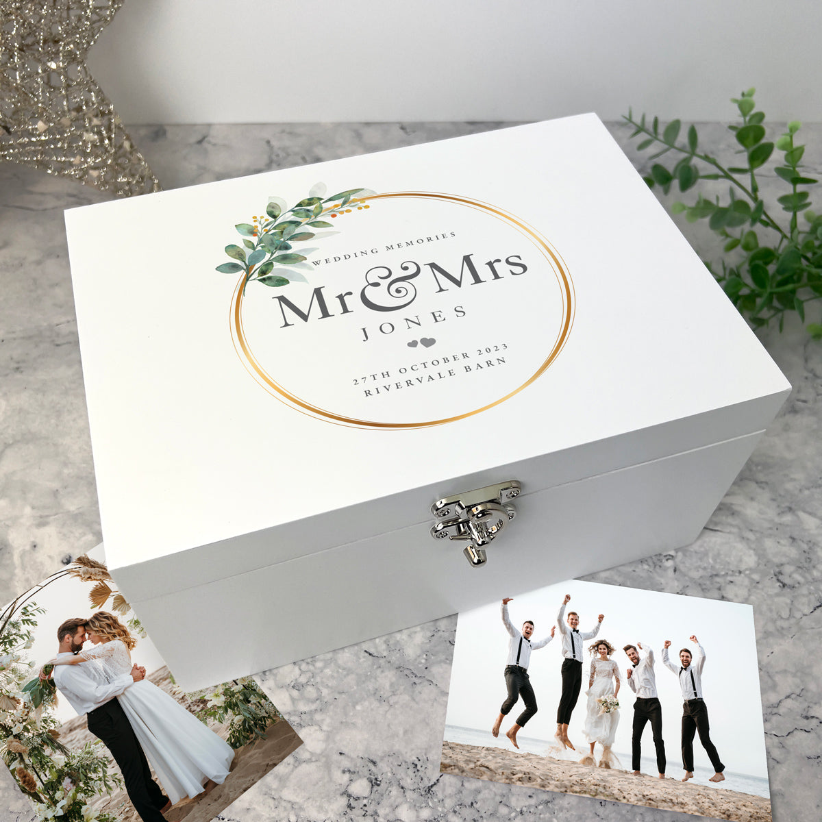 Personalized Wedding Wreath Memory Box - White Wooden Keepsake Gift for Bride & Groom - 3 Sizes (22cm, 27cm, 30cm) - Perfect for Anniversaries, Bridal Showers & Home Decor