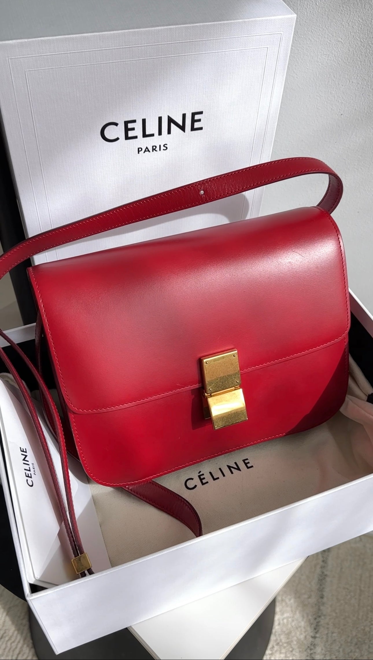 Celine Red Medium Box Shoulder Bag for Women | Genuine Leather Crossbody Purse | Perfect for Work, Travel & Evening Events