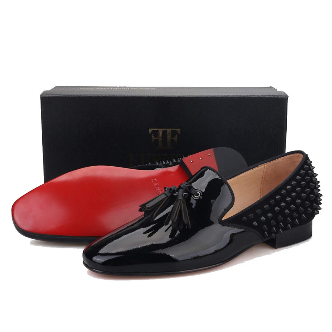 FERUCCI Black Patent Leather Loafer Shoes with Spikes - Women's Formal Flat Slippers for Prom, Wedding & Evening Events - Comfortable Dress Shoes for Parties, Office & Special Occasions