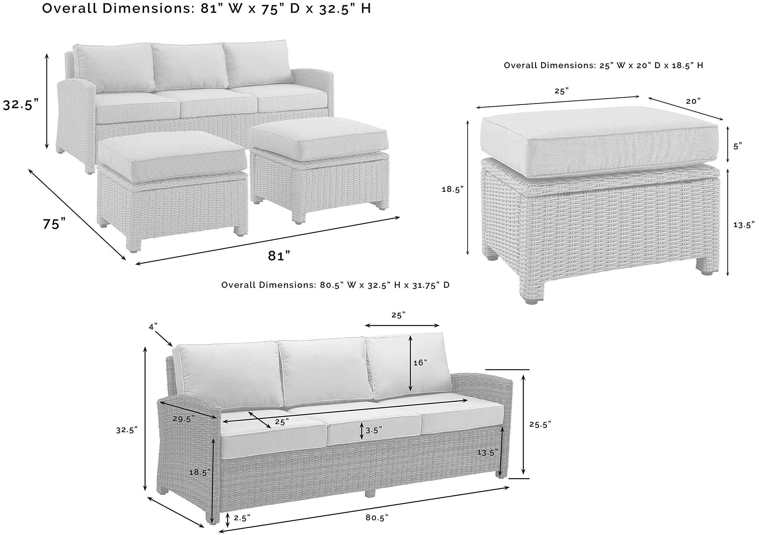 Crosley Bradenton 3-Piece Outdoor Wicker Sofa Set with Gray Cushions - Patio Furniture Conversation Set for Porch, Deck, Backyard & Garden Relaxation