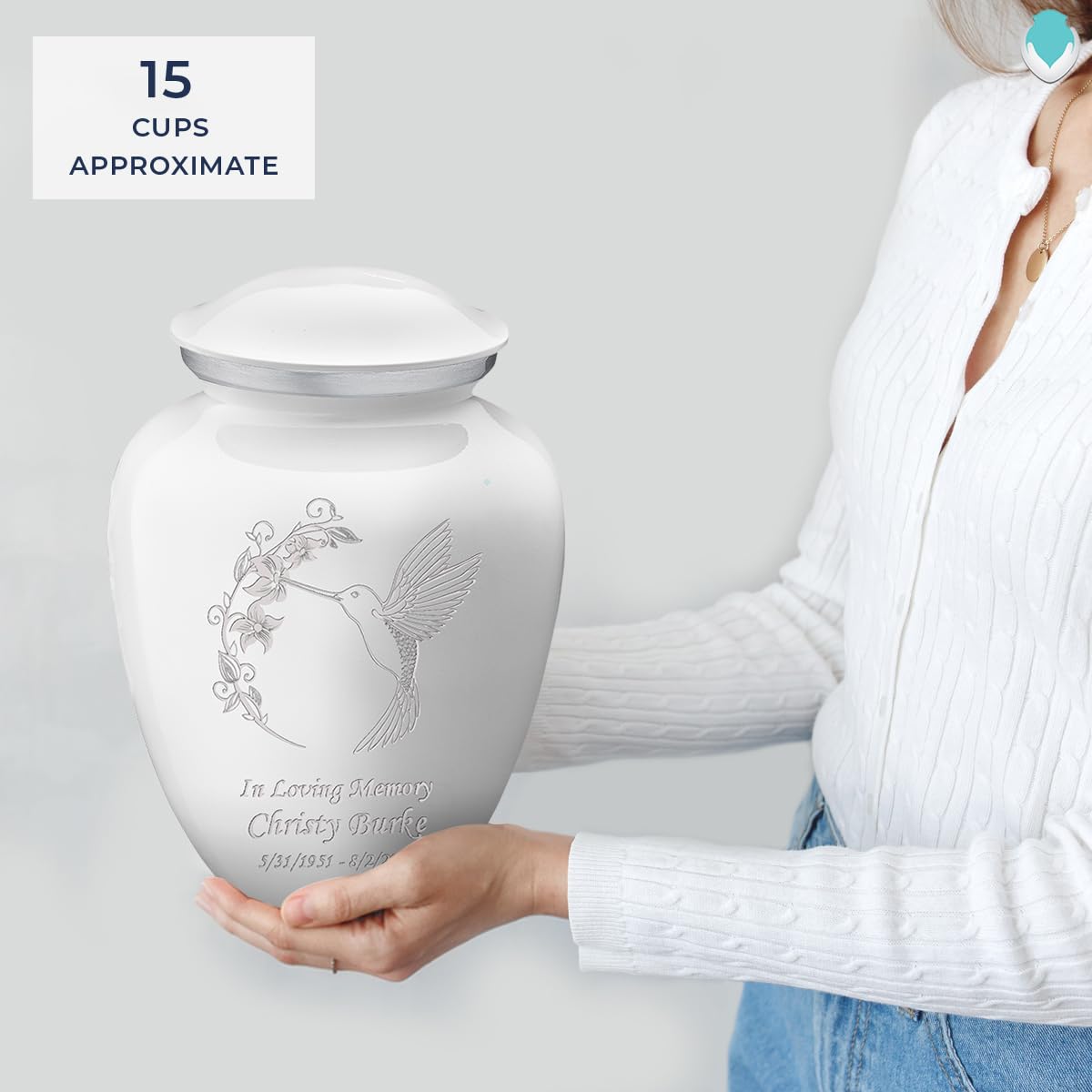 Personalized Hummingbird Cremation Urn for Adults - Large White Funeral Urn for Ashes with Double-Sided Engraving - Holds 200 lbs - Perfect for Memorial Services & Home Display