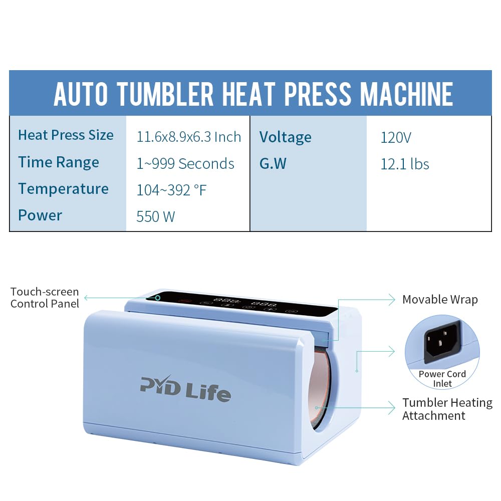 PYD Life 120V Auto Tumbler Heat Press Machine - Digital Touch Screen for 10-30oz Sublimation Printing on Mugs, Cups & Bottles (20oz/30oz Capacity, Light Blue) - Perfect for DIY Craft Projects, Small Business & Home Use