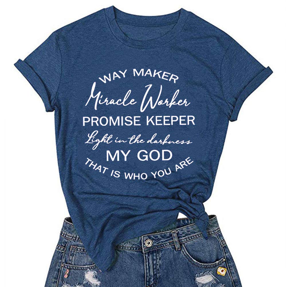 FZLYE Women's Inspirational Graphic T-Shirt - Way Maker Miracle Worker Promise Keeper Light in The Darkness Christian Faith Apparel | Casual Wear, Church Outfits, Everyday Christian Fashion