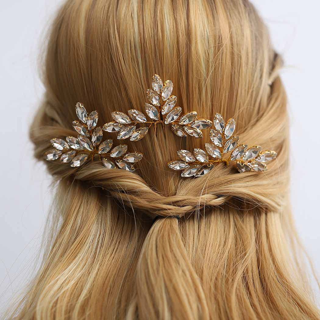 Elegant Gold Rhinestone Bridal Hair Pins - Crystal Wedding Hair Accessories for Women & Girls (3-Pack) | Perfect for Bridal Showers, Weddings & Special Occasions