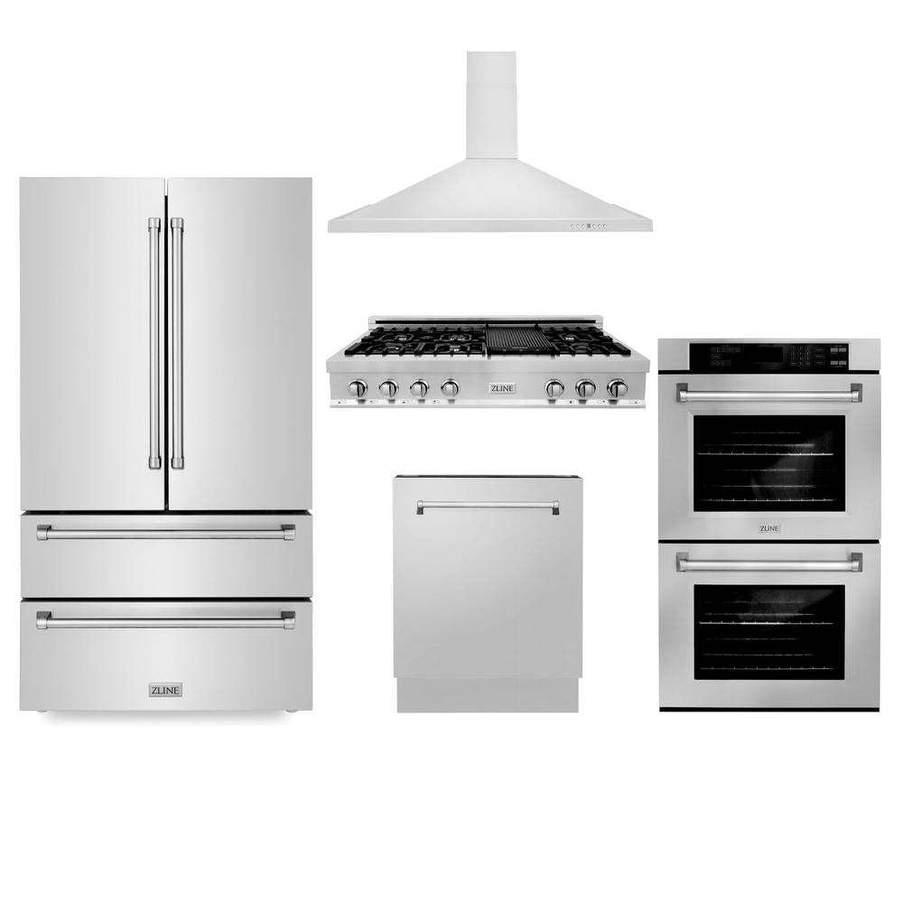 ZLINE 48-inch Stainless Steel Kitchen Package with Refrigerator, Gas Rangetop, Range Hood, Double Wall Oven & Dishwasher - Perfect for Modern Home Chefs & Gourmet Cooking Enthusiasts (5KPR RTRH48 AWDDWV)
