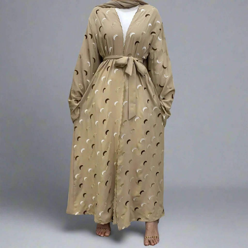 Elegant Muslim Women's Moon Embroidery Open Abaya Dress with Pockets - Modest Islamic Prayer Dress for Mosque, Eid & Special Occasions