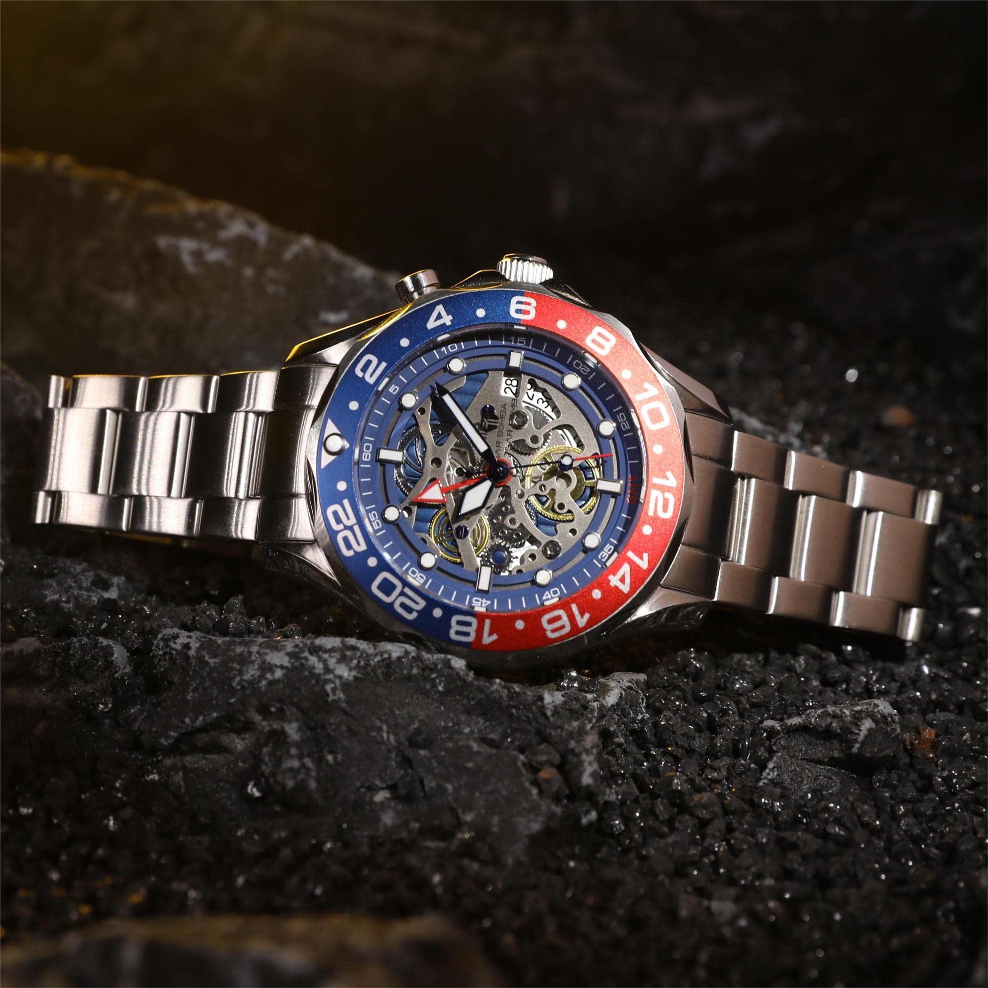 **TSAR BOMBA Luxury Automatic Square Skeleton Watch for Men – 50M Waterproof Mechanical Silver Wrist Watch with Silicone Strap – Stylish & Unique Replica Tonneau Design – Perfect for Business, Casual & Formal Occasions**