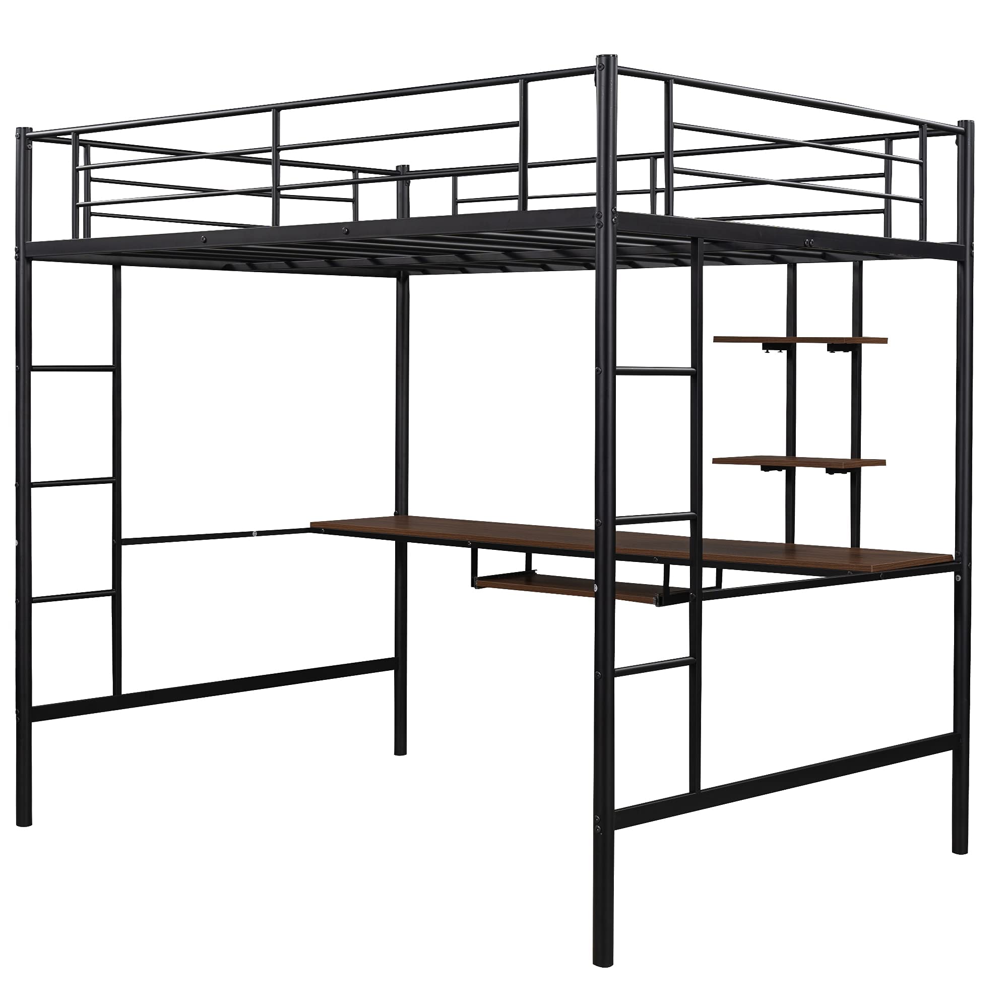 RUNNA Full Size Loft Bed for Kids & Teens - Sturdy Metal Bunk Bed with Built-in Study Desk, Shelves & Keyboard Tray - Space Saving Furniture for Small Rooms - Perfect for Dorm, Bedroom or Apartment
