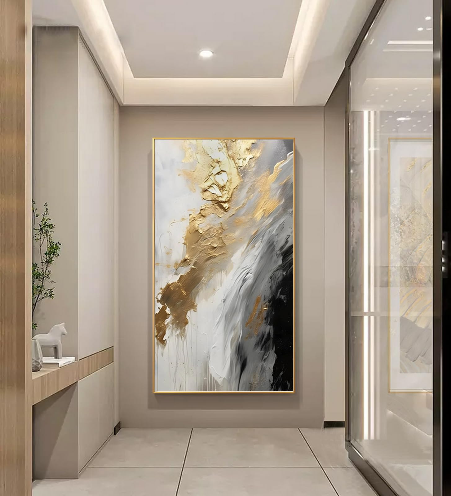 Hand-Painted Gold Abstract Oil Painting on Canvas - Framed White & Black Wall Art (24x48 Inch) for Living Room, Bedroom, Kitchen & Entrance Hall Decor | Large Modern Home Decoration Picture for Wall Display & Interior Design
