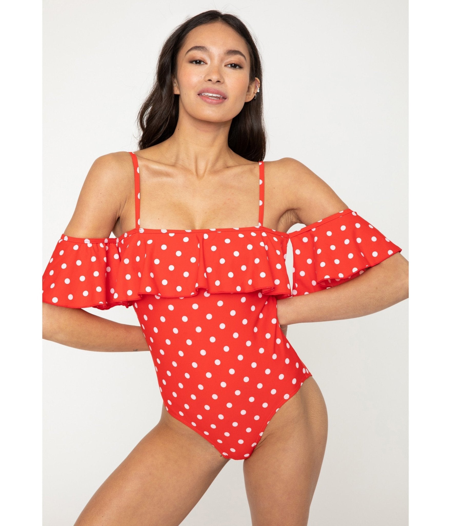 Marina West Red & White Polka Dot Off The Shoulder Ruffle One Piece Swimsuit | Women's Sexy Summer Bathing Suit | Perfect for Beach Vacations, Pool Parties & Tropical Getaways