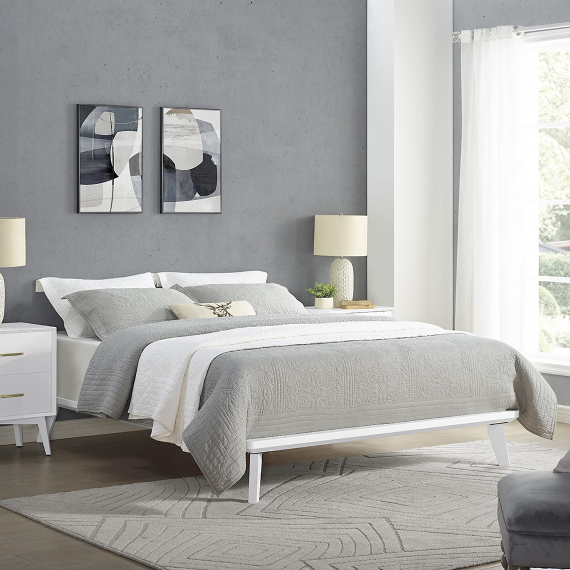 White Full Size Metro Wood Platform Bed Frame - Modern Minimalist Bedroom Furniture for Small Spaces & Apartments