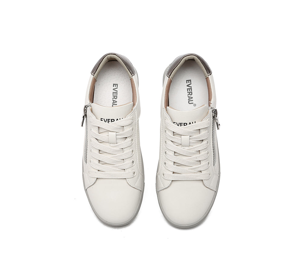 EVERAU® Women's White Leather Sneakers with Zip Decor - Low Top Casual Shoes for Walking, Work & Everyday Wear | Chloe Style