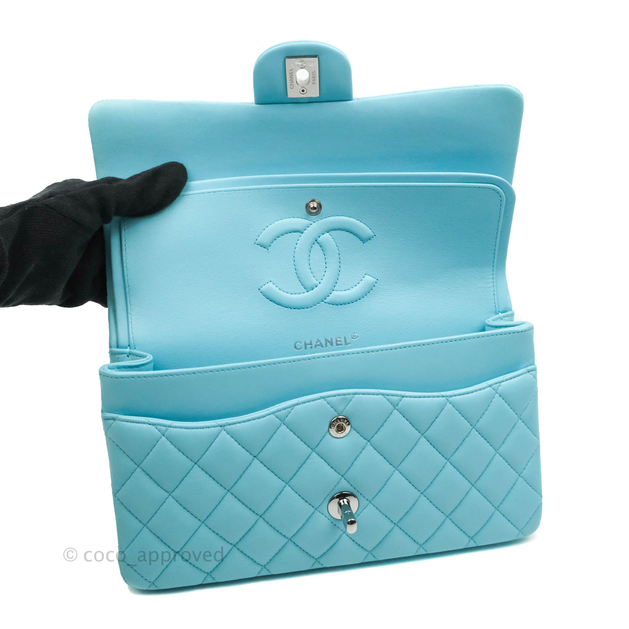 Chanel Classic Medium Double Flap Bag in Tiffany Neon Blue Lambskin with Silver Hardware 21S Collection - Perfect for Evening Events & Luxury Fashion Accessories
