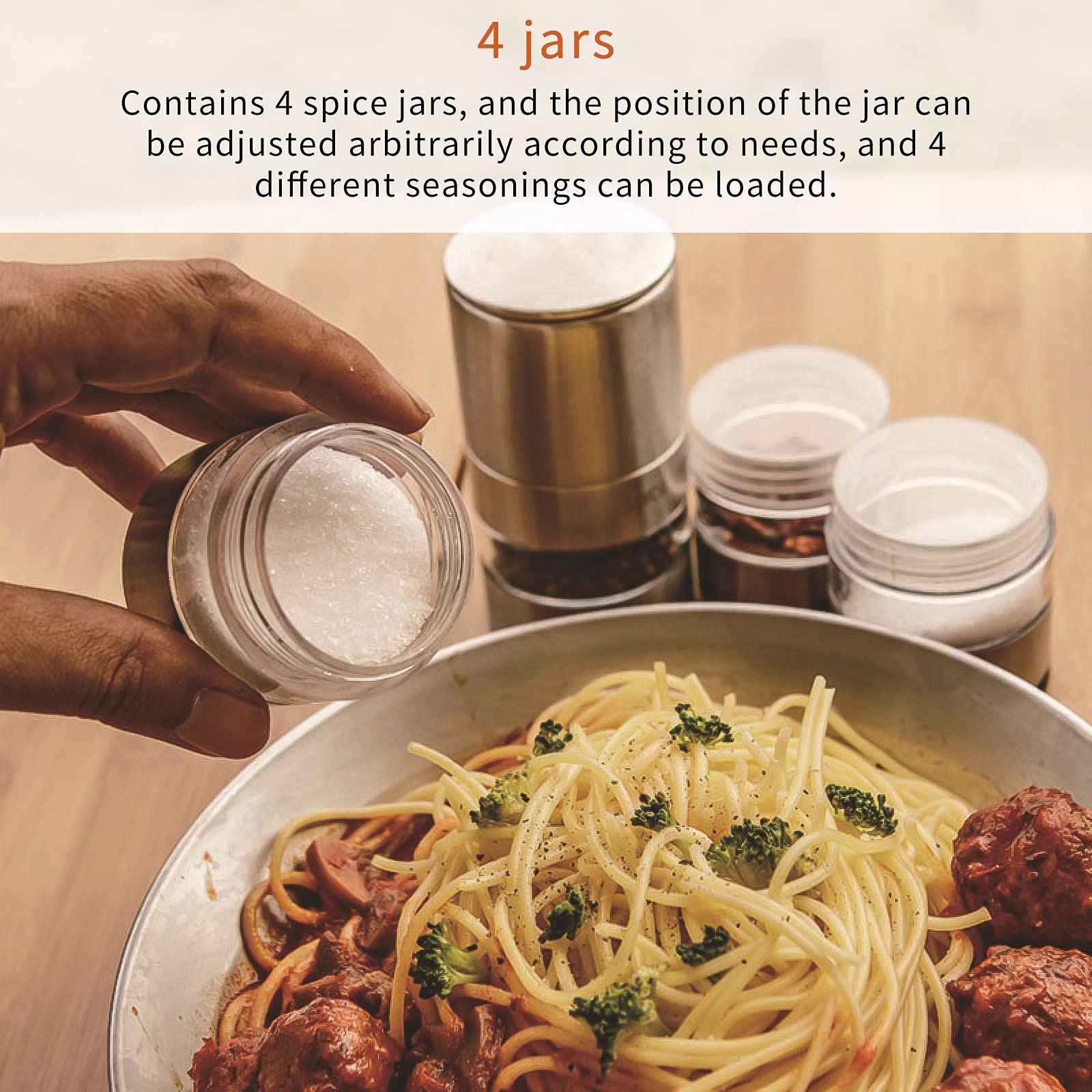 Premium Stainless Steel Spice Bottle Set with 4 Jars & Grinder - Stackable Portable Condiment Storage for Outdoor BBQ, Camping, Picnic & Travel - Perfect for Kitchen, RV & Backpacking Adventures