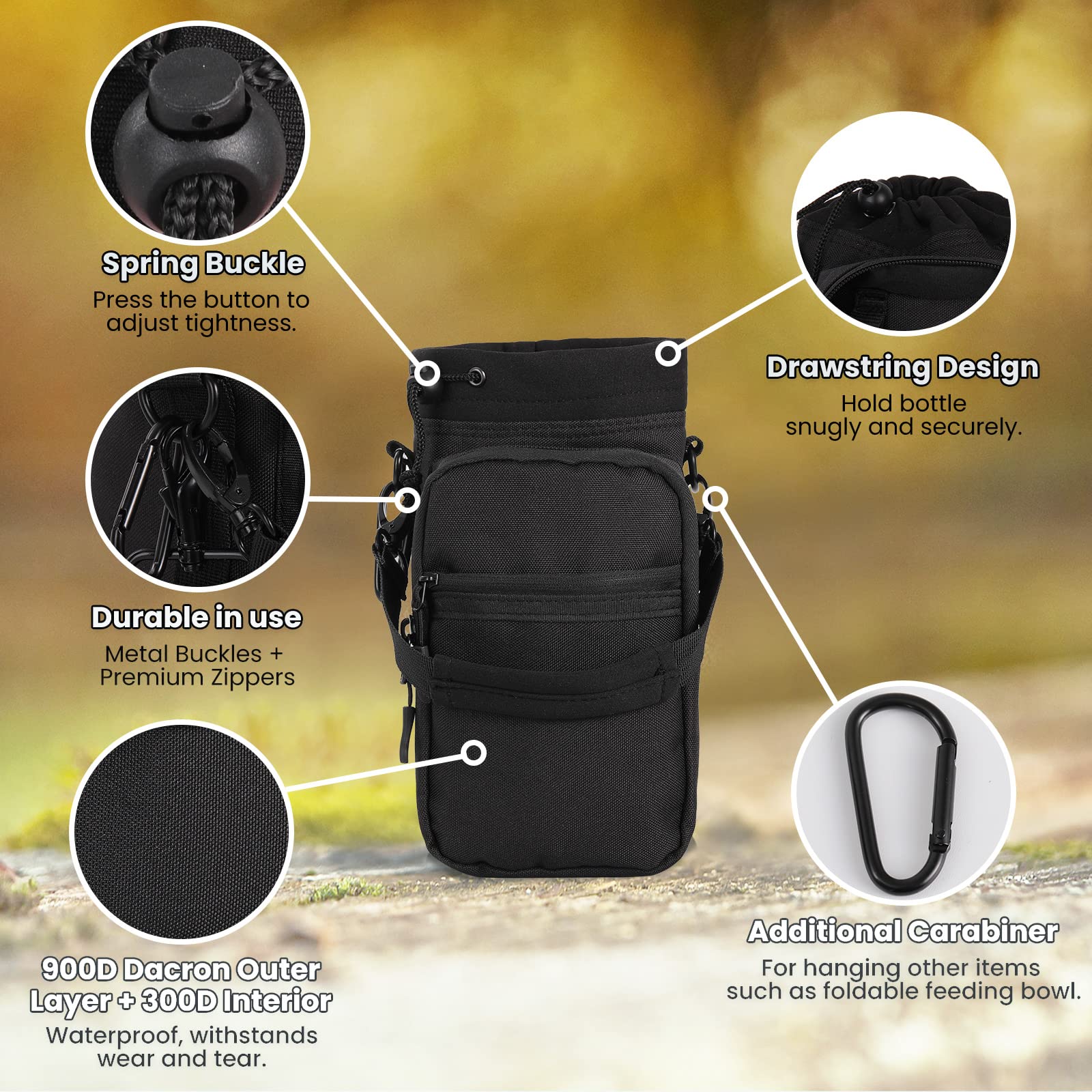 Nuovoware 40oz Water Bottle Carrier with Adjustable Shoulder Strap - Insulated Flask Sling Bag with 2 Pockets for Hiking, Climbing, Walking & Outdoor Activities - Perfect for Gym, Travel & Sports (Carbon Black)