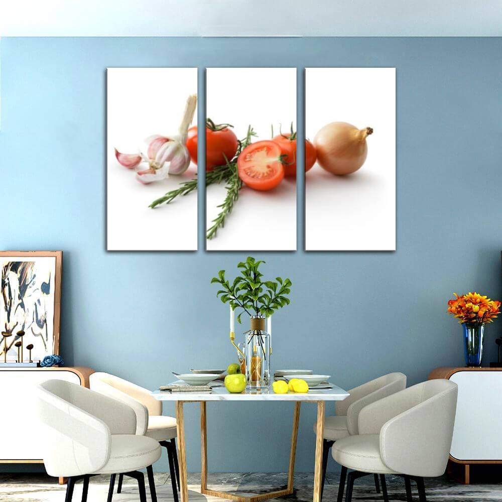 Blaverr 3-Panel Modern Wall Art Set - Tomato, Onion, Garlic & Rosemary Canvas Prints for Home Decor - Ready to Hang Kitchen & Dining Room Wall Decor - Perfect for Farmhouse, Rustic & Contemporary Interior Design