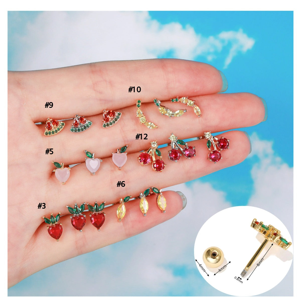 20G Cute Cartilage Stud Earrings - Fruit Design Piercing Jewelry for Women | EGD0001 | Perfect for Daily Wear, Parties & Gifts