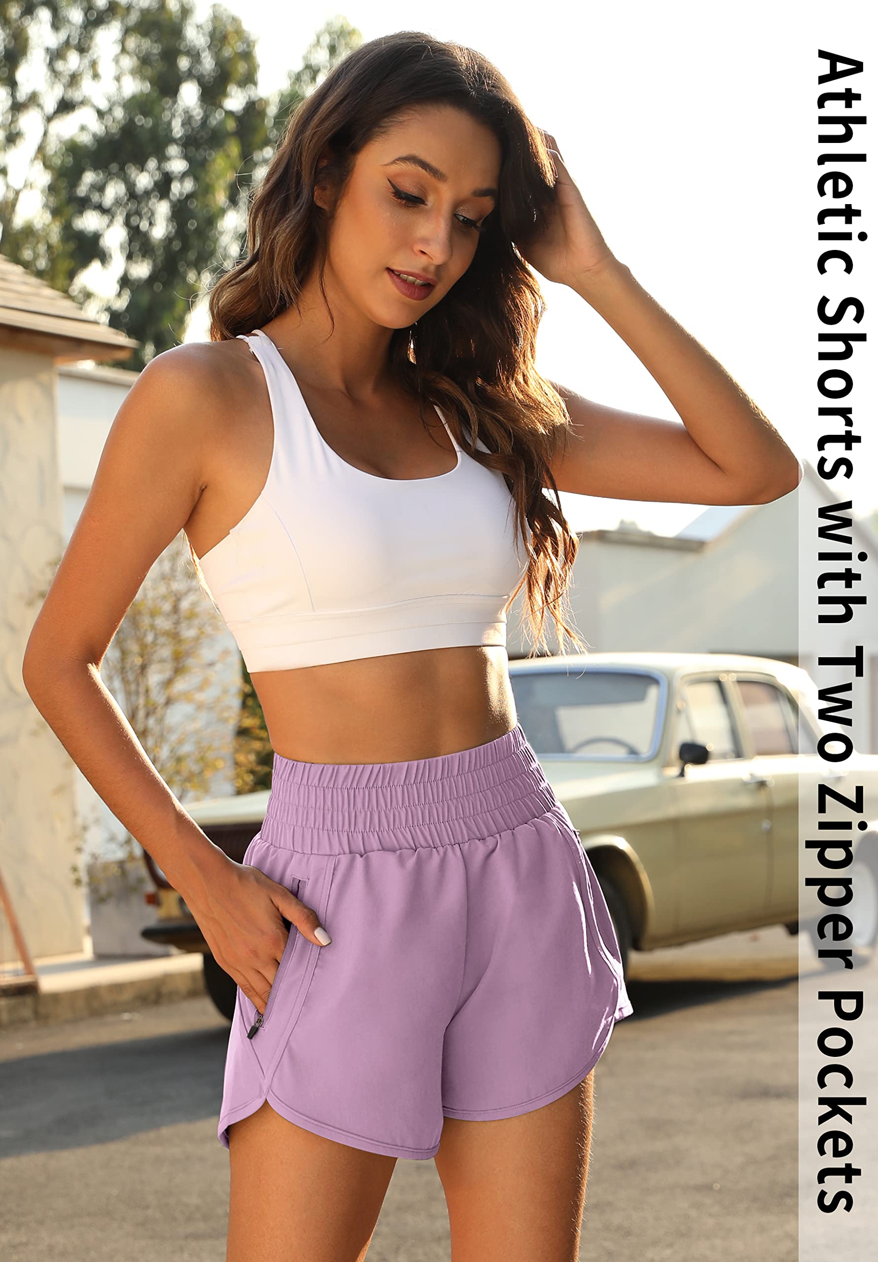 Fengbay Women's High Waisted Athletic Shorts with Pockets - Breathable Running Shorts for Gym, Workout & Sports - Stretchy Elastic Waistband - Black & Purple - Perfect for Jogging, Yoga & Active Lifestyle