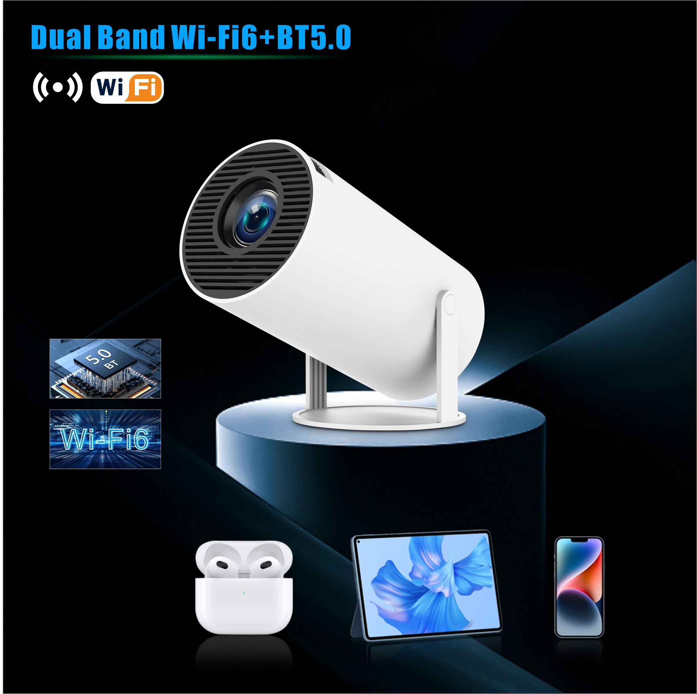 4K Mini Projector - Portable WiFi 6 Video Projector with Android 11, Full HD 1080P Support for Smartphone/PC/Laptop/Fire Stick, 180° Rotatable HDMI Home Theater Projector - Perfect for Movie Nights, Gaming & Outdoor Camping