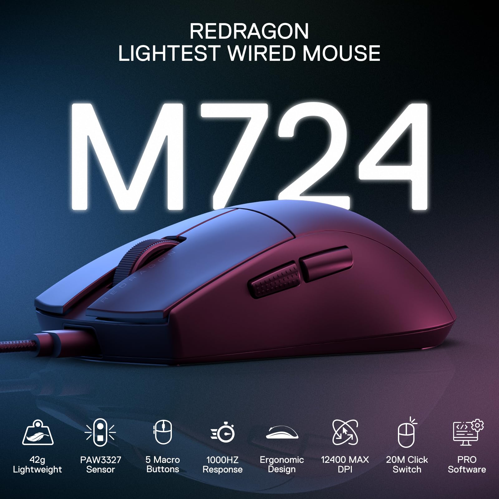 Redragon M724 Wired Gaming Mouse - 42G Ultra-Light Ergonomic Design, 12400 DPI Optical Sensor, 5 Programmable Buttons with Customizable Keybinds - Perfect for FPS, MOBA & PC Gaming (Black)