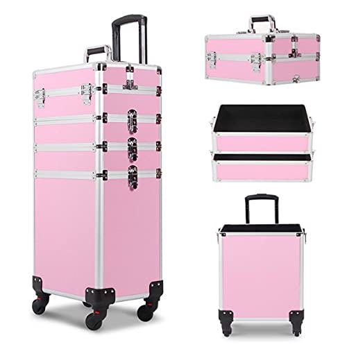 4 in 1 Rolling Portable Makeup Storage Box - Large Cosmetic Organizer Train Case with Wheels for Women & Girls | Travel, Salon, Home & Professional Makeup Artist Use