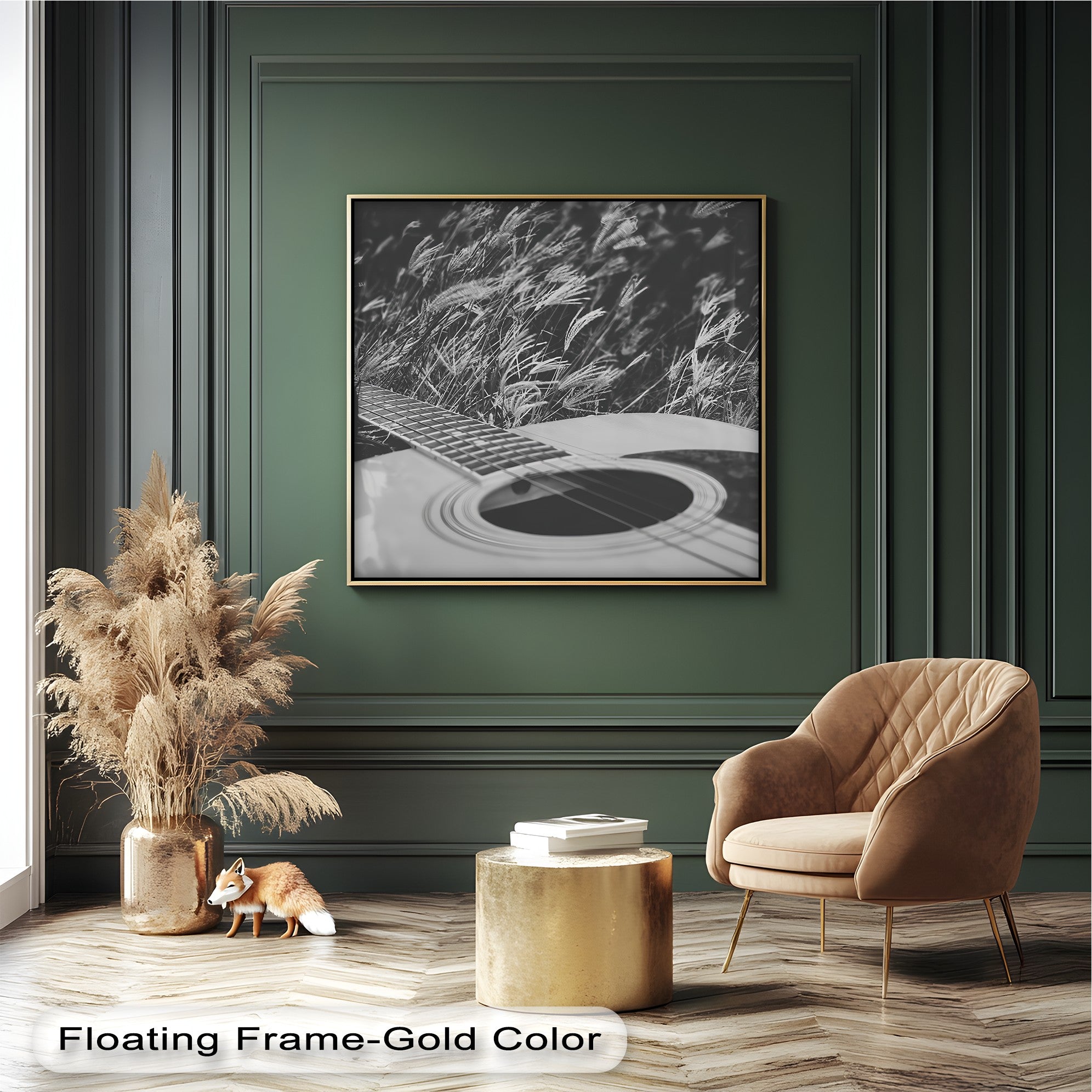 Acoustic Guitar in Field - Black and White Nature Music Canvas Prints | Wall Art Decor for Living Room, Bedroom & Office | Music Lover Gift