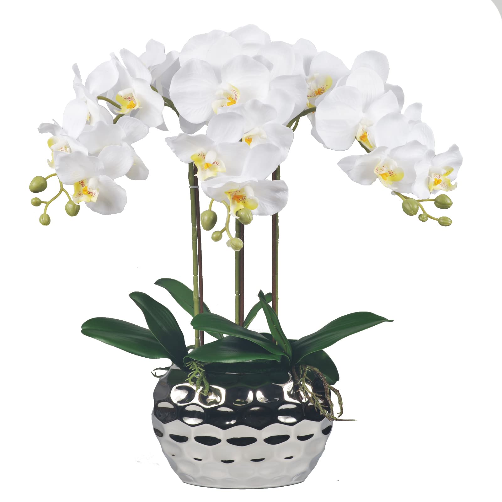 W&W Artificial White Orchid Plant in Ceramic Pot with Silver Vase - Realistic Fake Flower Arrangement for Home Decor, Office, Wedding Centerpiece & Indoor Decoration