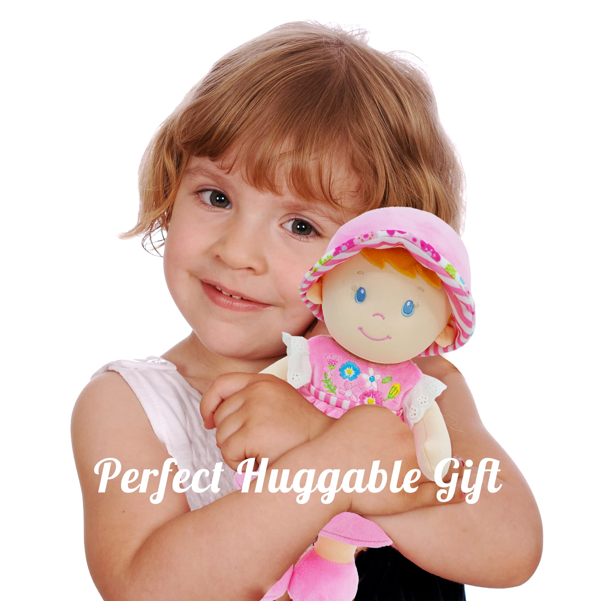 June Garden Personalized Soft Dolly Emilia - Custom Name Stuffed Baby Doll for Newborns & Toddlers with Pink Dress | Perfect Gift for Birthdays, Christenings & Nursery Decor