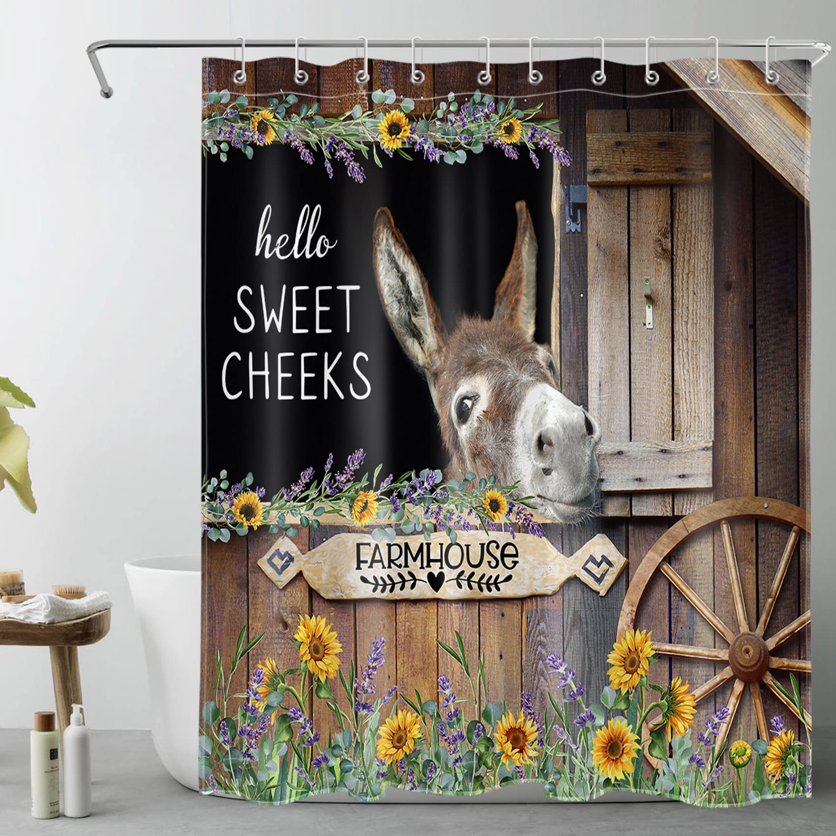 Rustic Farmhouse Donkey Shower Curtain Set with Lavender & Daisy Print - Waterproof Washable Fabric Bathroom Decor (60x72 Inch) for Farm, Cottage, or Vintage Style Bathrooms