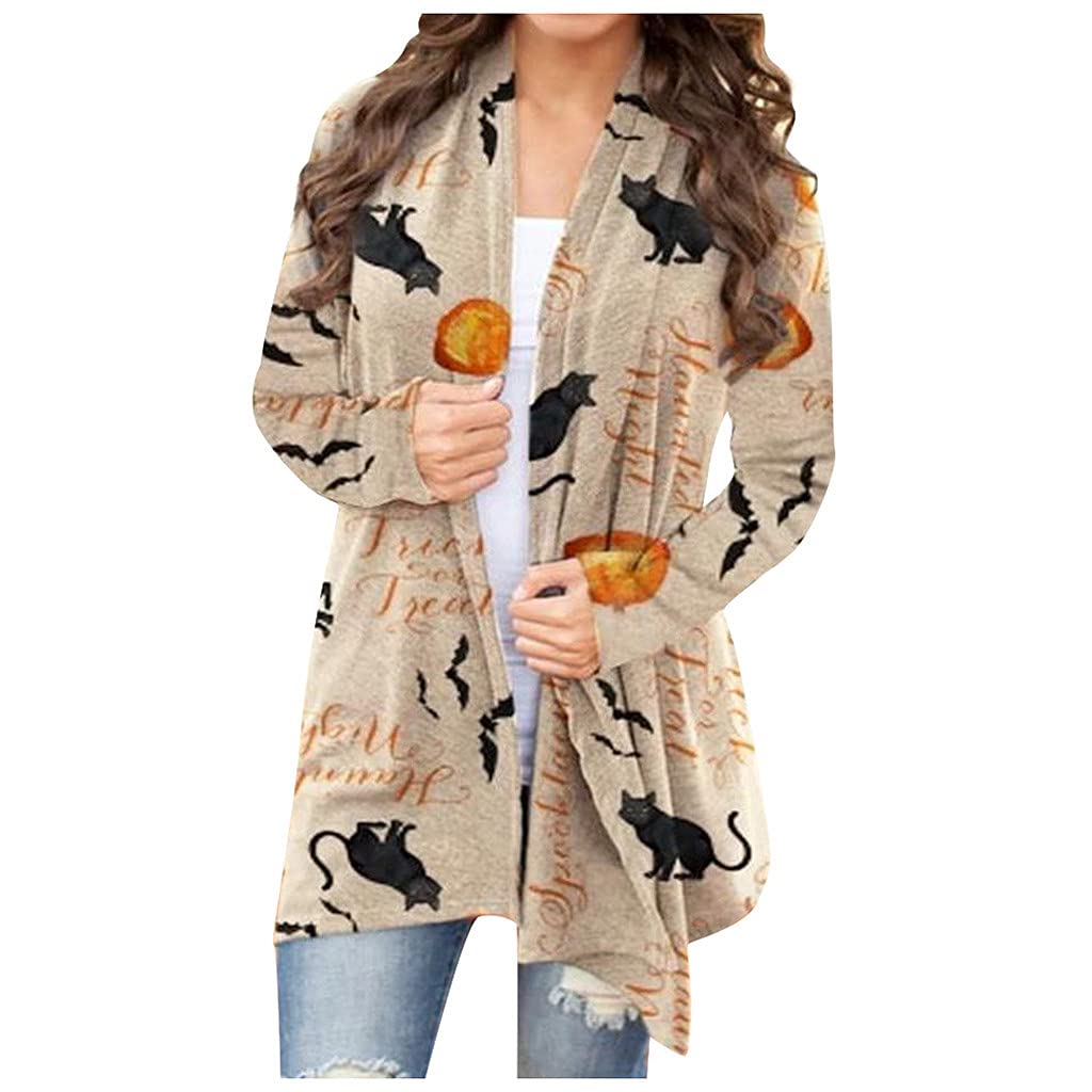 Halloween Women's Casual Pumpkin Print Pleated Long Sleeve Open Cardigan Coat | Cozy Fall Sweater for Autumn Parties, Pumpkin Patch Visits & Spooky Season Outfits
