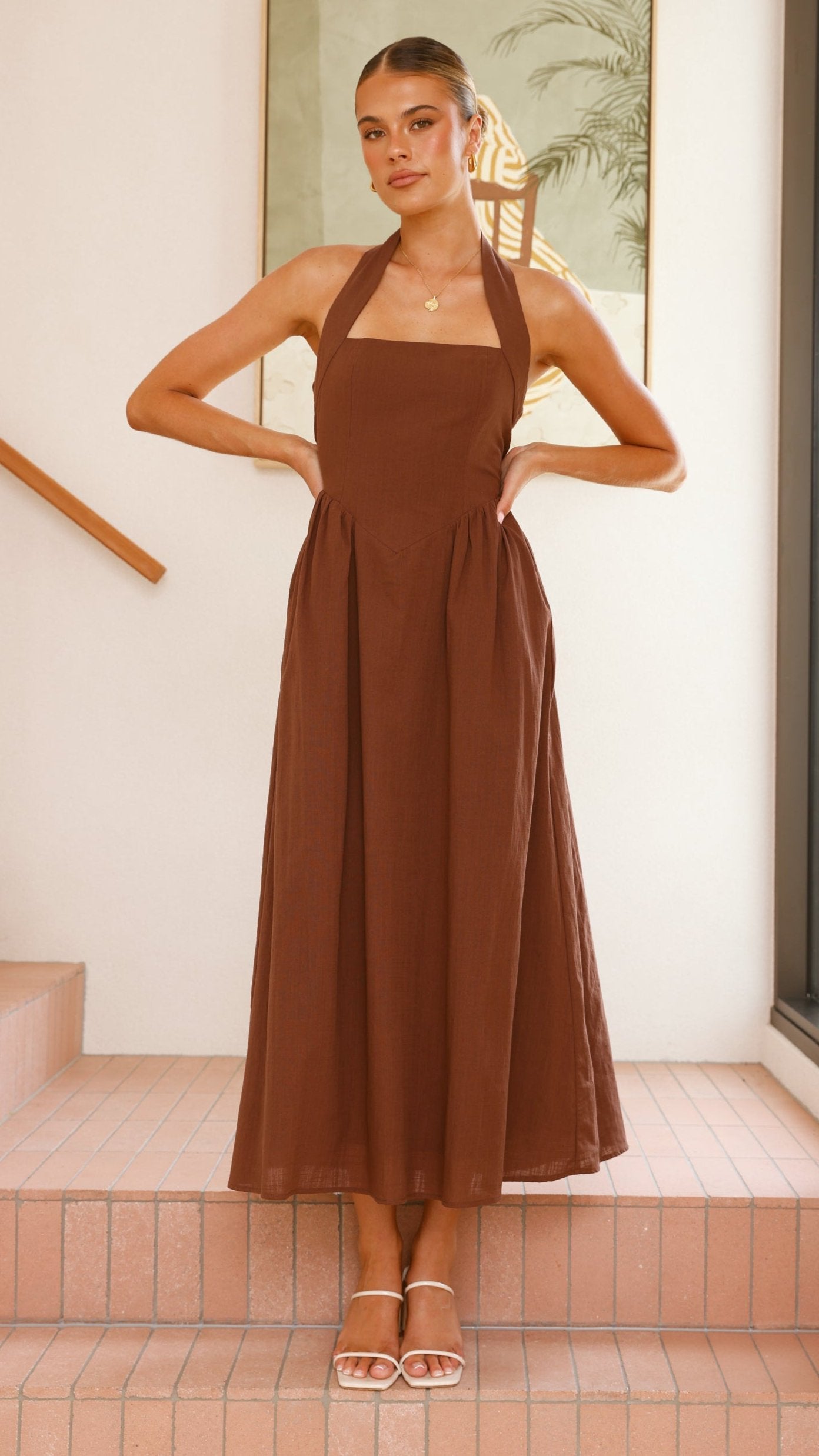 Caden Maxi Dress for Women - Elegant Chocolate Brown Long Flowy Dress for Summer, Beach, and Casual Outings