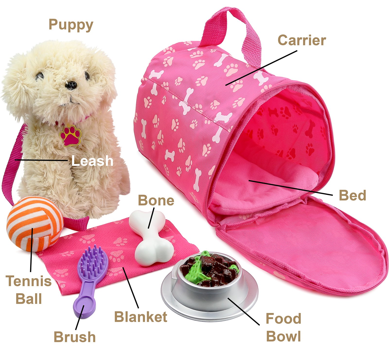 Click N' Play Interactive Toy Puppy Set with Dog Bed - Cute Plush Puppy Toys for Toddlers & Kids Ages 3+ | Perfect Gift for 3 Year Old Girls | Pretend Play, Role Play & Imaginative Play Scenarios