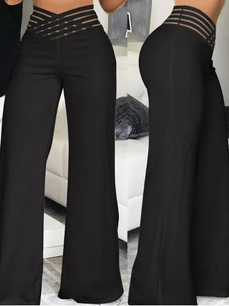 Elegant High Waist Flared Women's Pants - Office & Casual Crisscross Sheer Mesh Patch Trousers for Work, Party & Everyday Wear