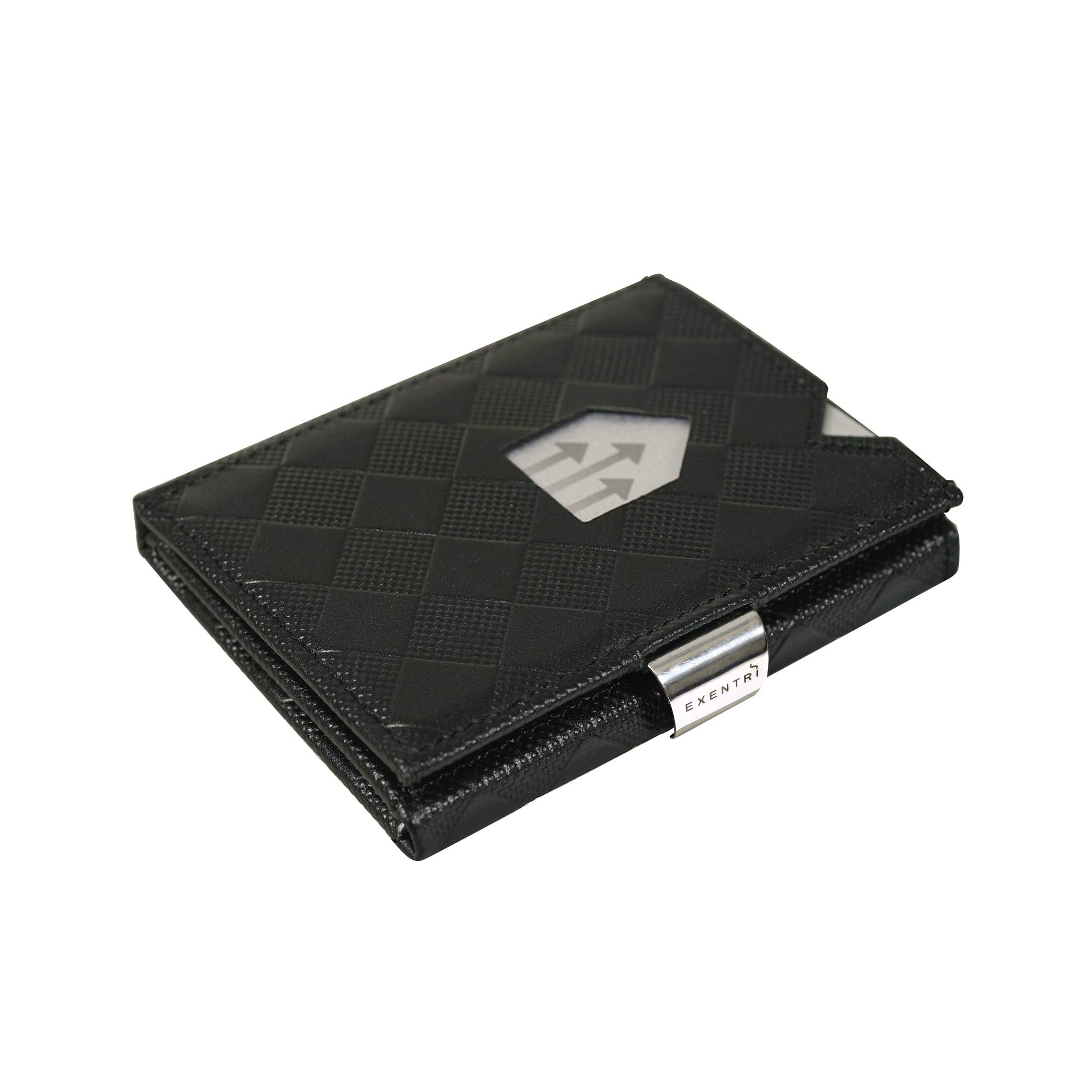 EXENTRI RFID Blocking Trifold Leather Wallet with Stainless Steel Locking Clip - Black | Secure & Stylish for Men's Everyday Carry, Travel & Business Use