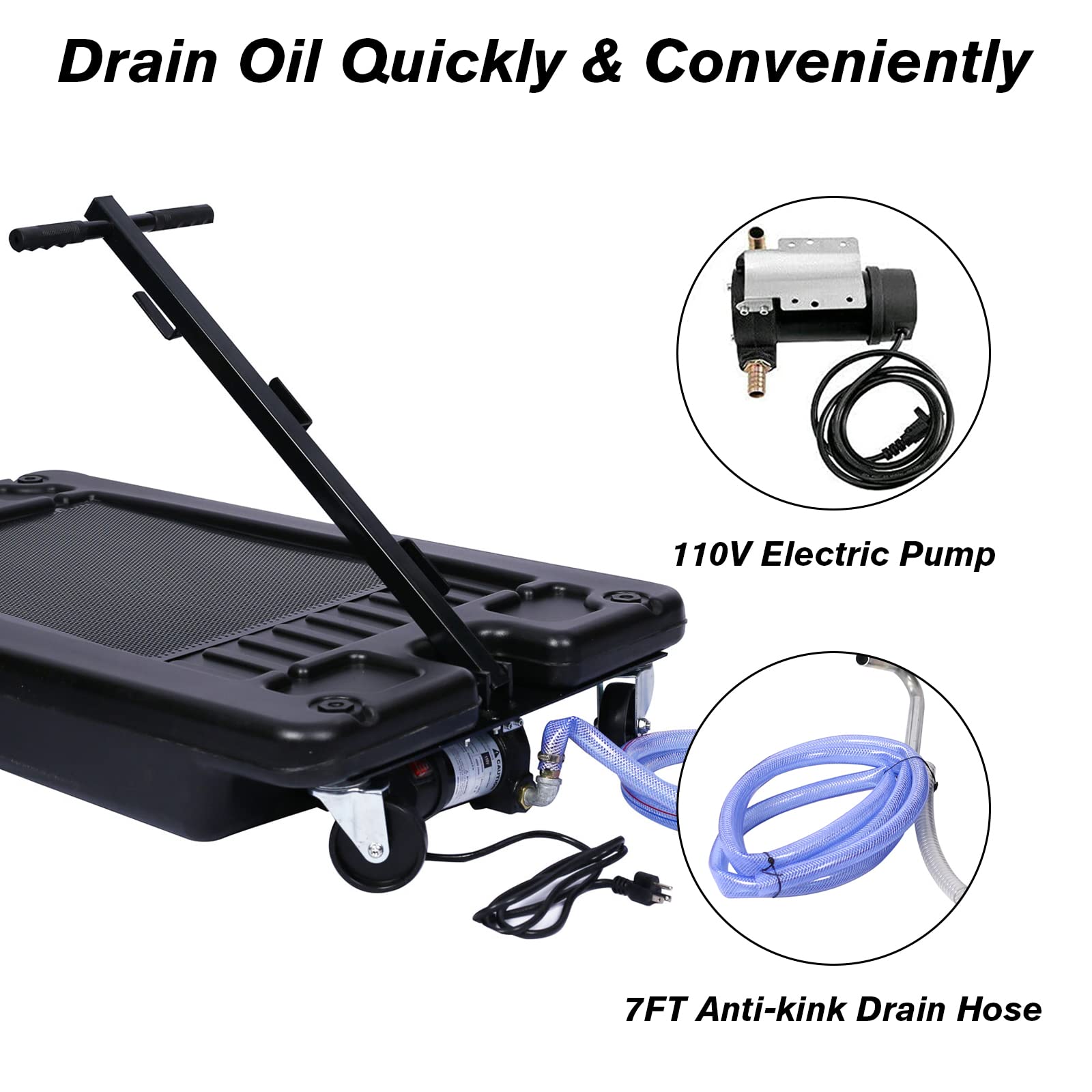 17 Gallon Oil Drain Pan with Electric Pump - Portable Low Profile Oil Change Tank for Cars, SUVs & Trucks - Large Capacity Drain Pan with Hose & Swivel Caster Wheels - Ideal for DIY Auto Maintenance & Professional Garage Use (Black)