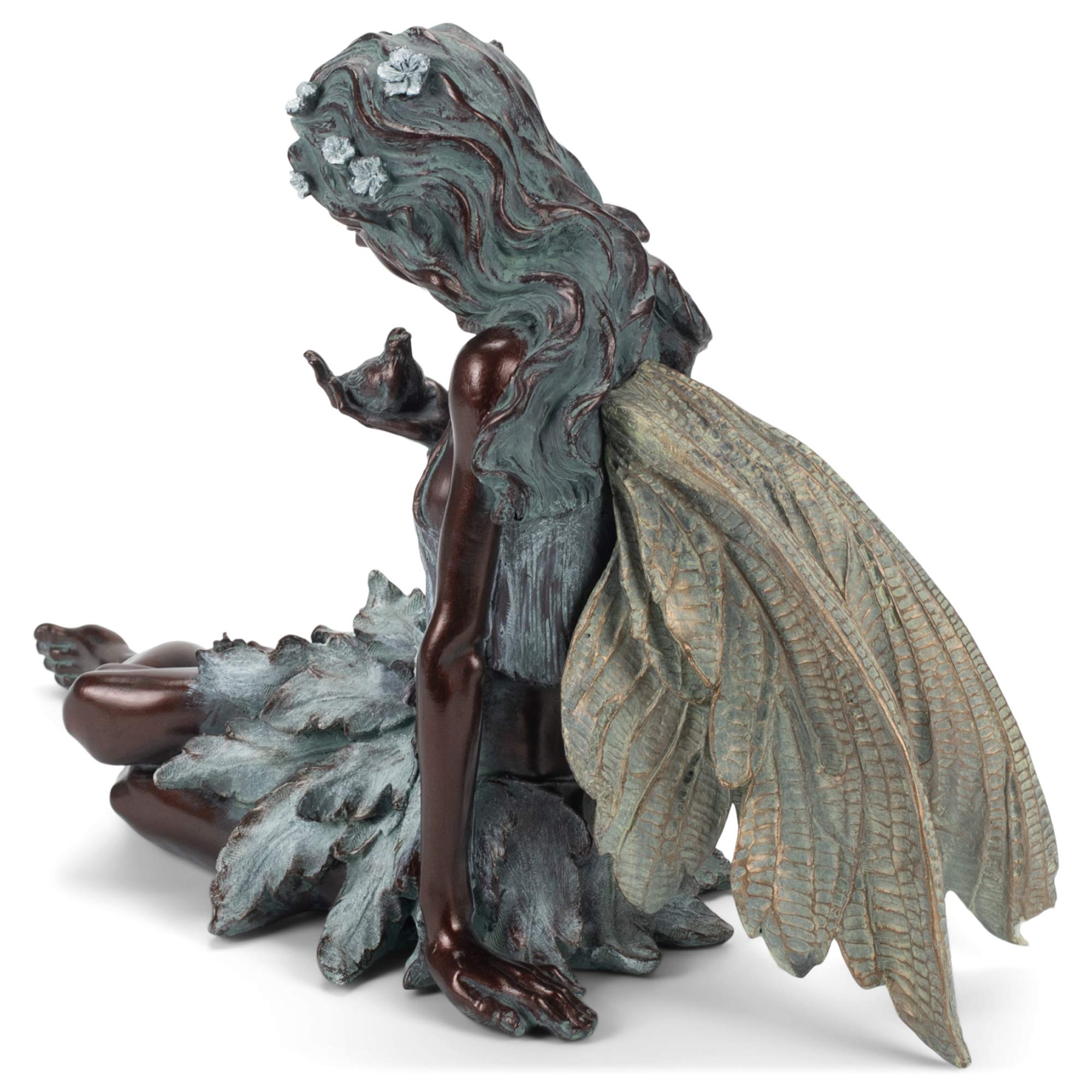 19 x 7.25 x 12 Inch Weather-Resistant Resin Fairy Garden Statue with Bird - Handcrafted Sitting Fairy Sculpture in Weathered Bronze & Stone Finish for Indoor Decor, Outdoor Patio, Lawn Ornament, and Fairy Garden Accessories
