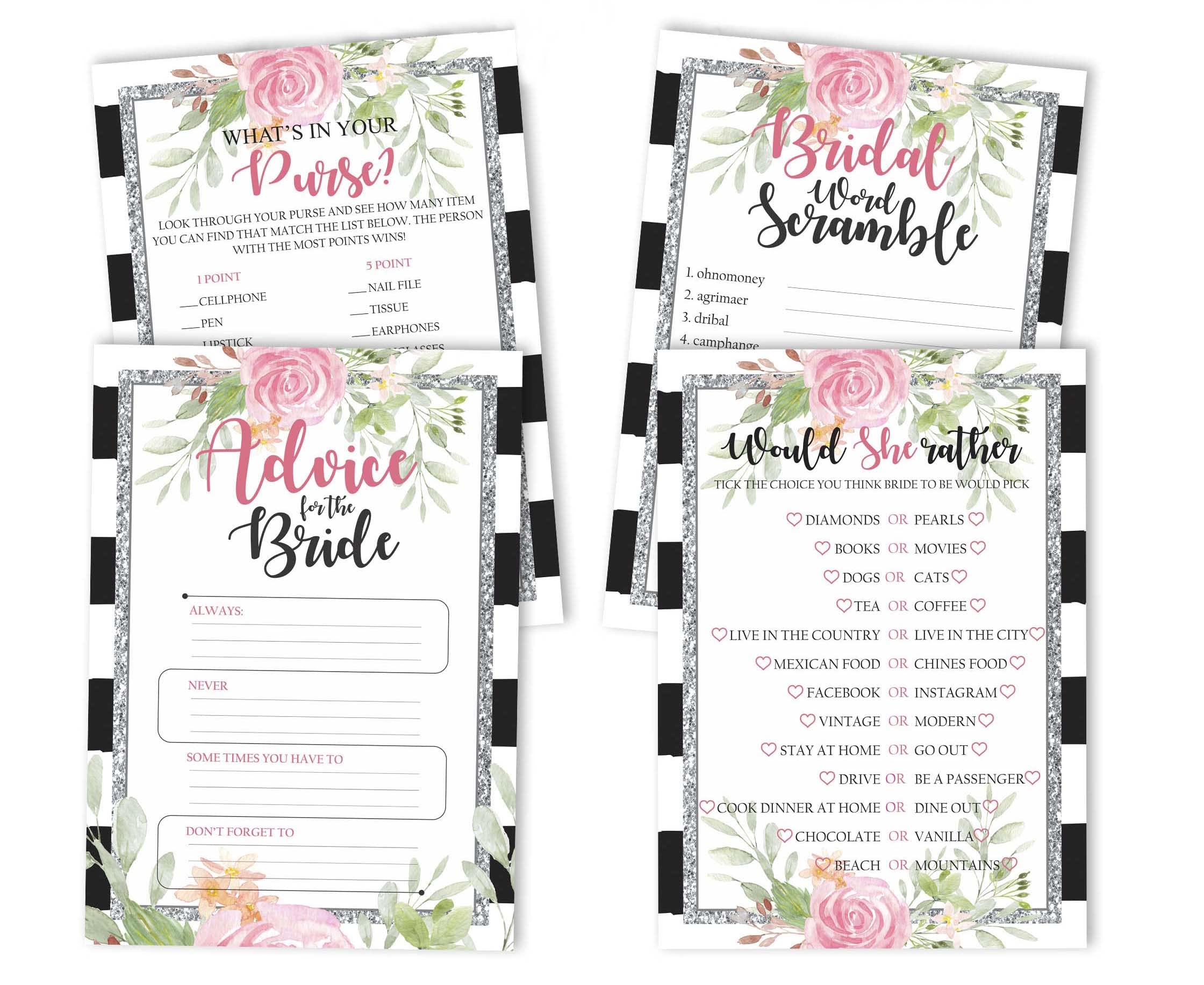 Floral Bridal Shower Games Set of 4 (50 Sheets Each) - Fun Bachelorette Party Games Bundle for Wedding Showers, Girls Night & Bachelorette Parties