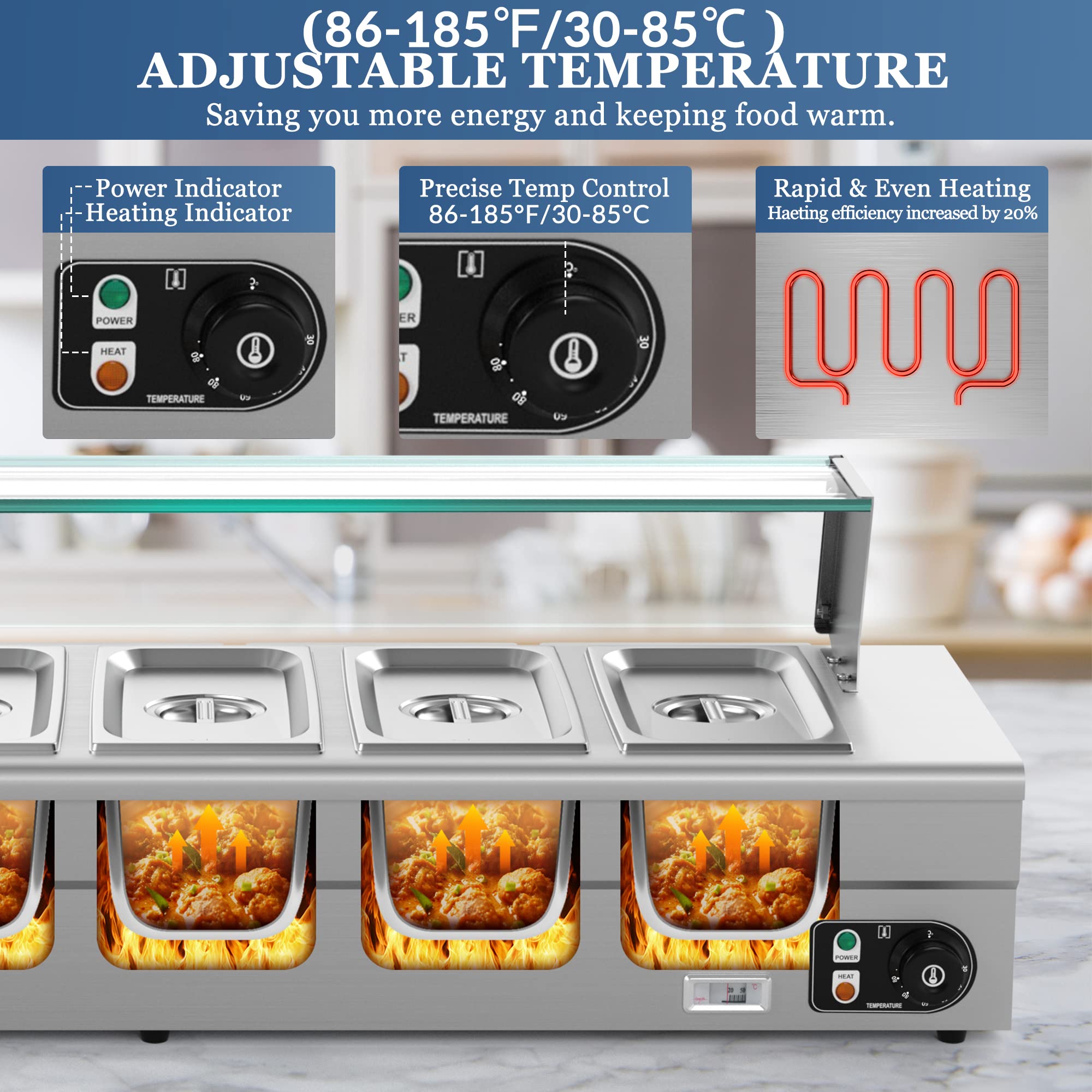 6-Pan Commercial Food Warmer - 110V 1500W Stainless Steel Bain Marie Steam Table with Large Capacity Pans | Perfect for Catering, Restaurants, Parties & Buffets | Electric Food Warmer for Professional Kitchens & Events (110V 6-Pan)