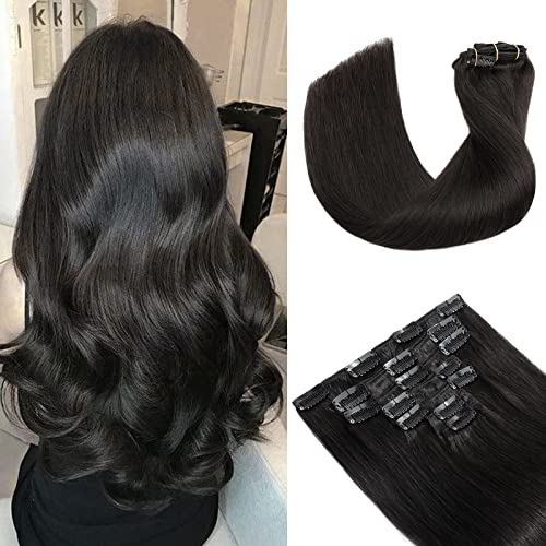 S-noilite 20 Inch Clip in Human Hair Extensions - Natural Black Double Weft, Thick Silky Straight Seamless Remy Hair (7PCS/120g) #1B - Perfect for Daily Styling, Parties & Special Occasions