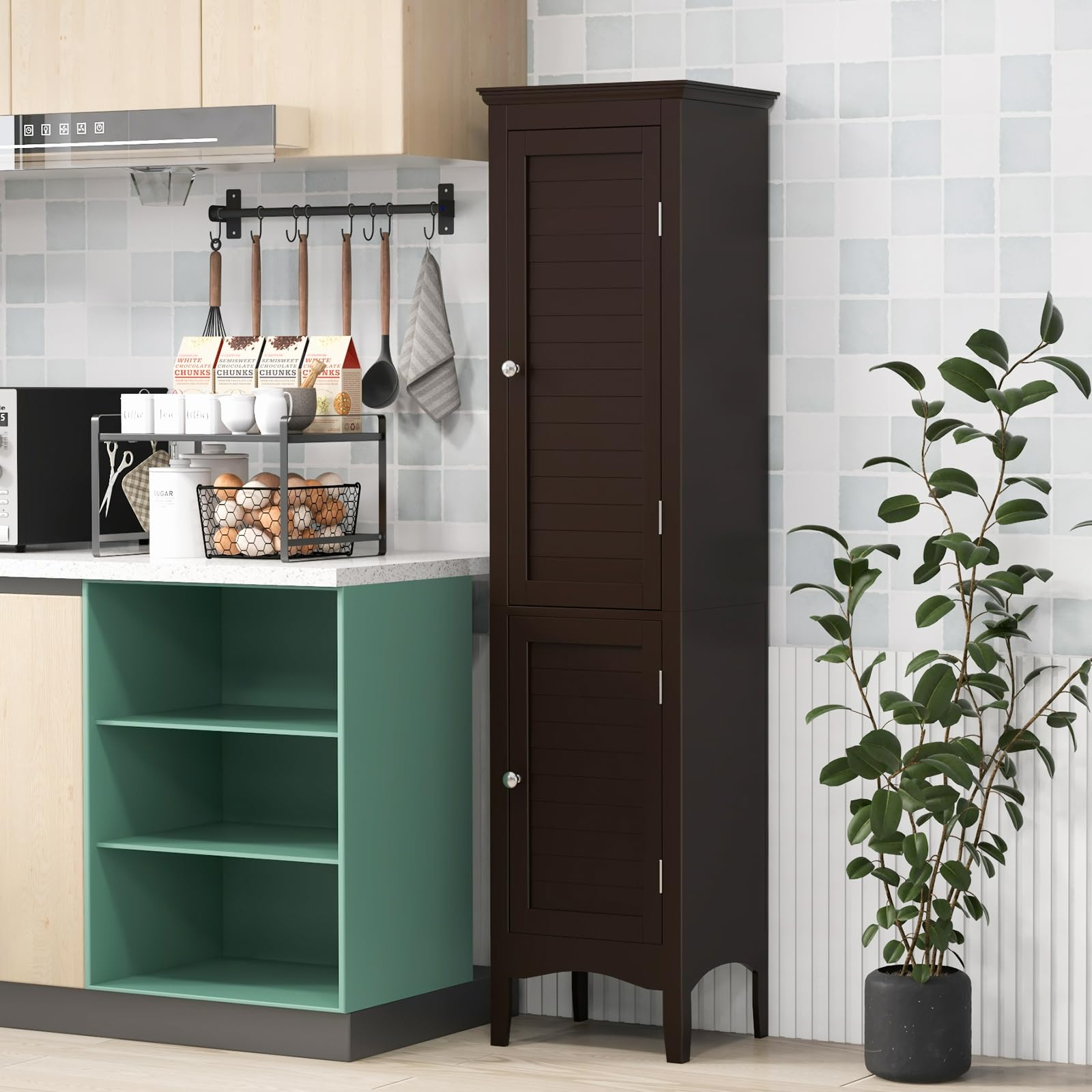 Tall Narrow Bathroom Storage Cabinet with 3 Adjustable Shelves - 2 Door Freestanding Organizer with Anti-Tip Device for Bathroom, Living Room, Bedroom - Space Saving Home Organization Solution (Brown)