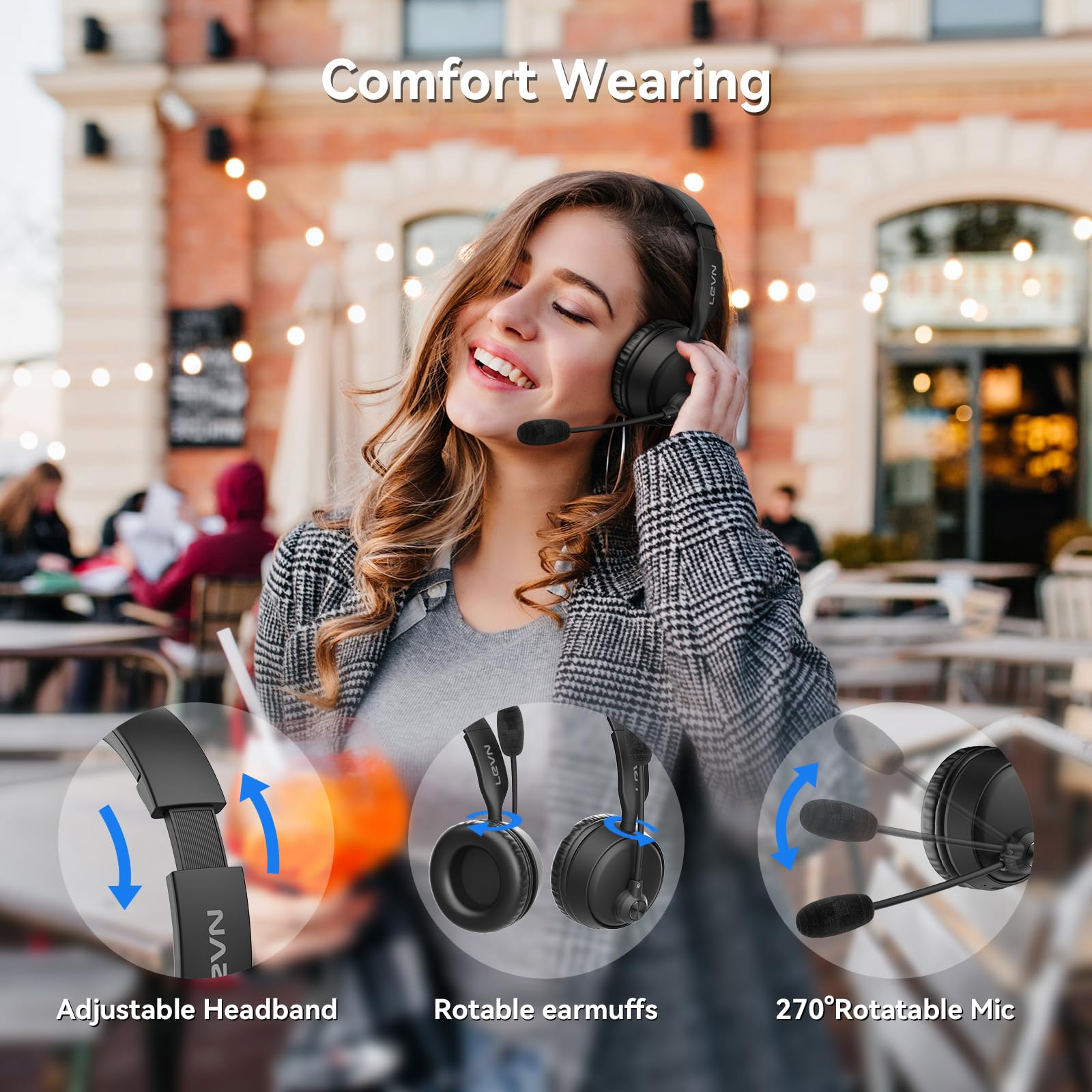 LEVN Bluetooth Headset with Microphone - Wireless Headphones with Noise Cancelling, 60H Battery Life, Multipoint Connectivity for Phone/Laptop/PC - Perfect for Office Calls, Online Meetings & Remote Work