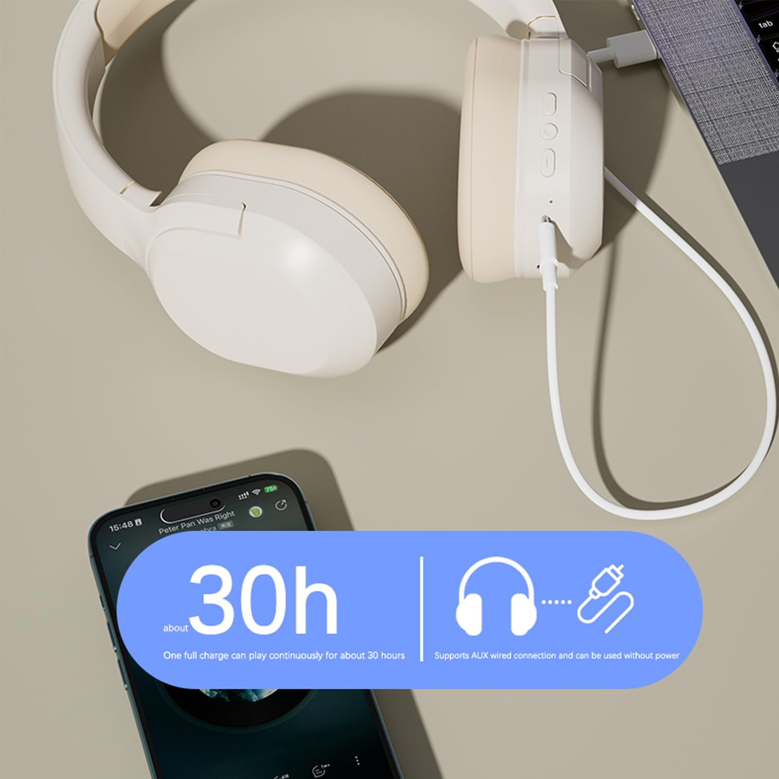 Premium Wireless Active Noise Cancelling Headphones with Deep Bass - Bluetooth 5.3 Over-Ear Headset, 30H Playtime, Built-in Mic & Comfortable Protein Ear Pads - Lightweight Design for Travel, Home, Office, Gym & Commuting (White)
